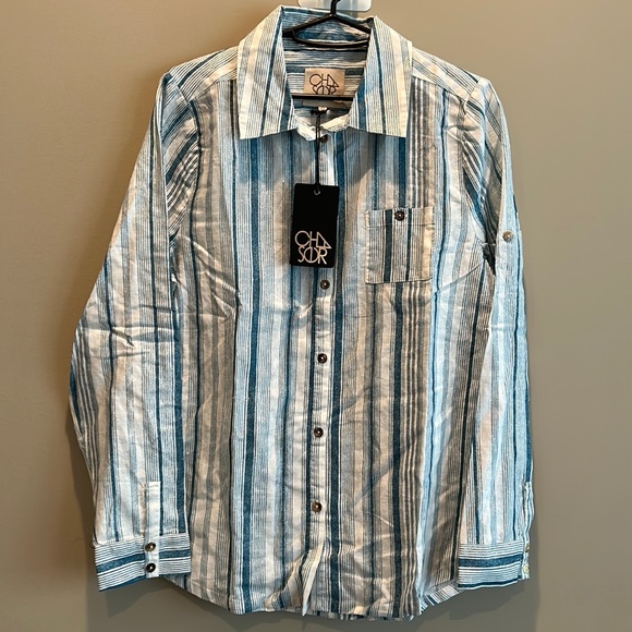 NWT, Chaser, women’s Beachy striped linen button down shirt, collared, LS - Picture 3 of 11